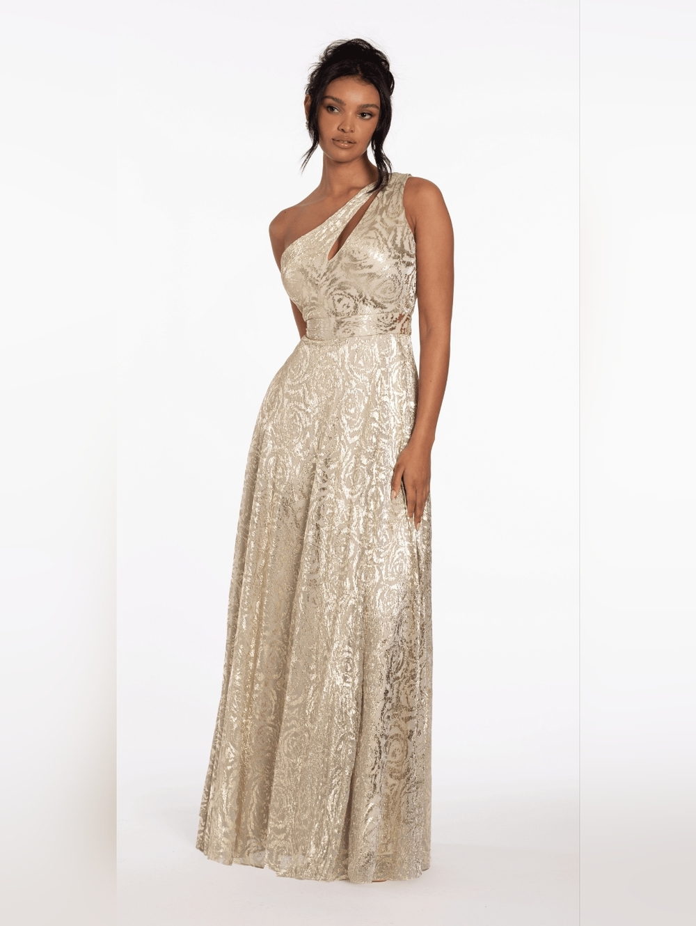 One-Shoulder Cream Brocade Evening Gown - Picture 9 of 10